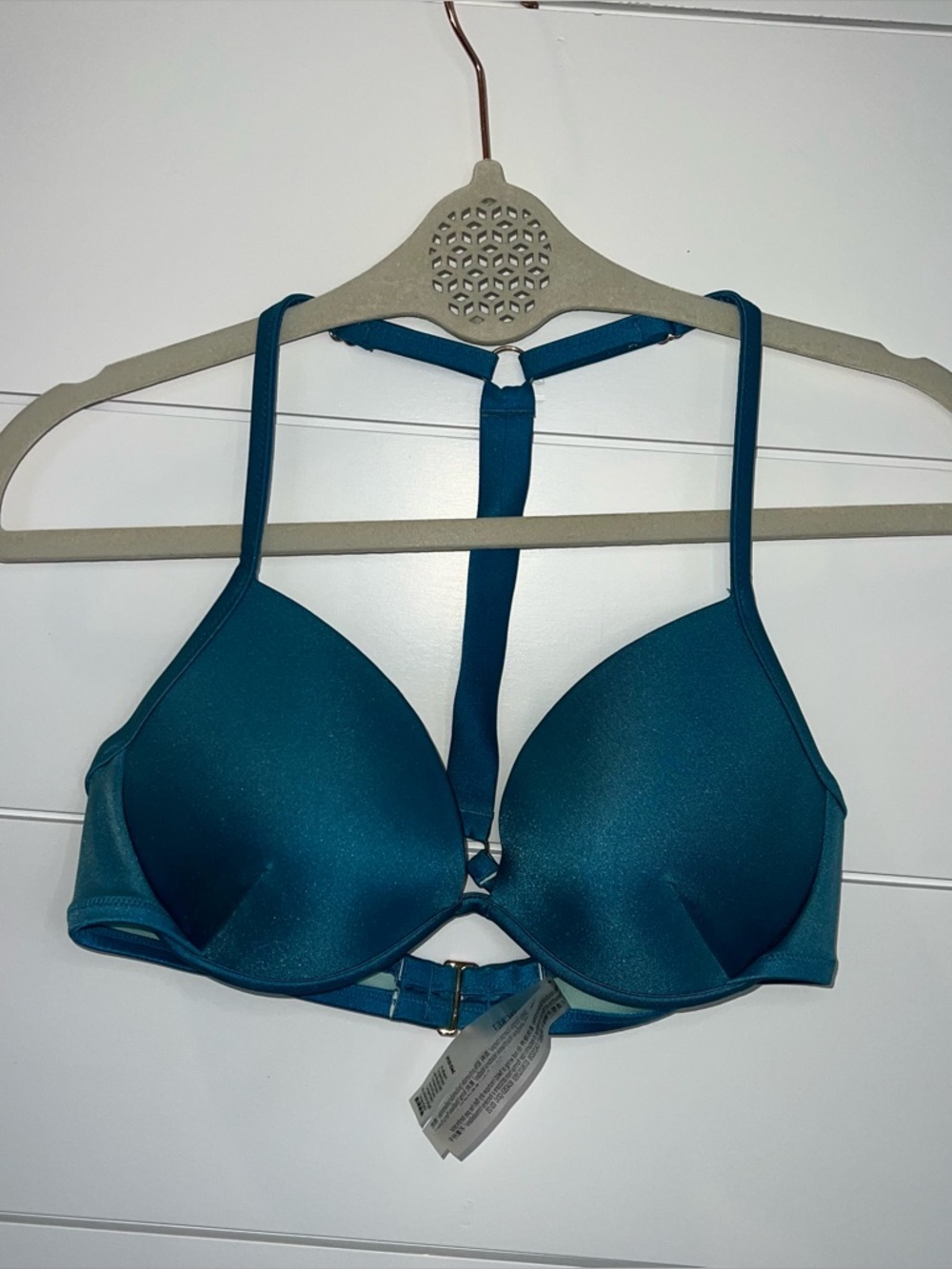 Victoria’s Secret Shine Strap Bombshell Push Up Swim Top 34D Teal Logo Bling GUC